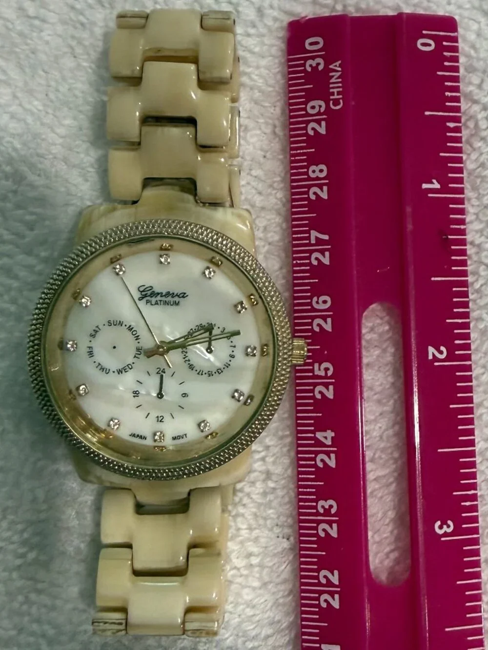 Geneva Platinum Ivory Link Watch Crystal Marker Multi Dial Betty